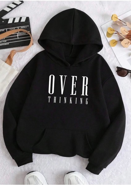 Büyük Beden Özel Tasarım Kapüşonlu Over Thınkıng Baskılı Şardonlu Oversize Battal Kadın Sweatshırt