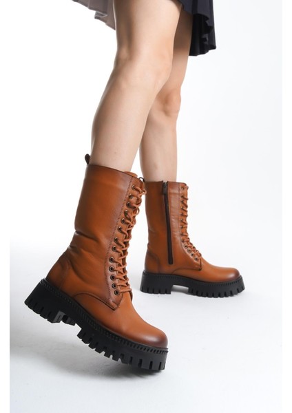 Taba Kadın Deri Fermuarlı Bağcıklı Bot