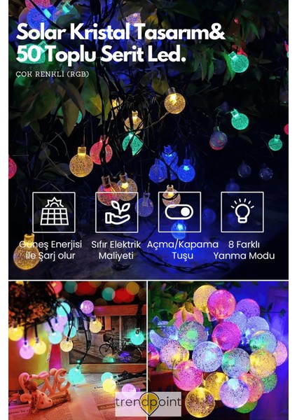 Solar Kristal Top 50 Ledli Rgb Işık 8 Modlu Bahçe Aydınlatma Dekorasyon Güneş Enerjili modelleri