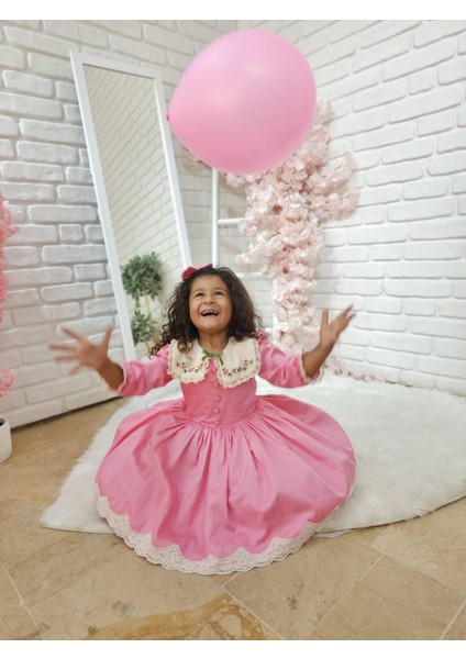 Pembe Çiçek Yakalı Kız Bebek Elbisesi,Doğum günü elbise,0-12 Yaşa Uygun