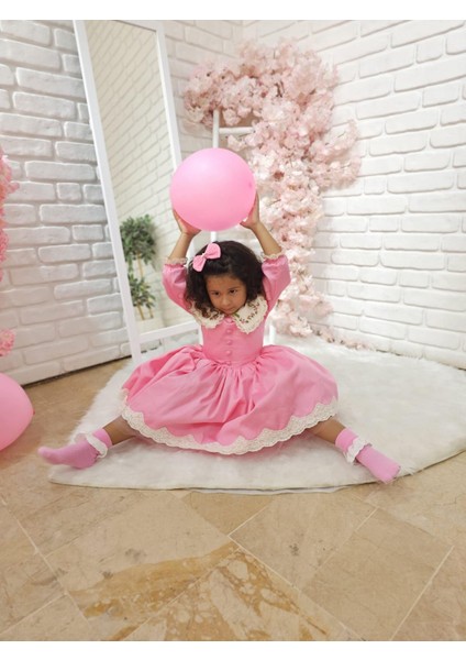 Pembe Çiçek Yakalı Kız Bebek Elbisesi,Doğum günü elbise,0-12 Yaşa Uygun