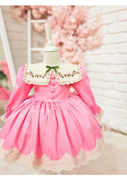 Pembe Çiçek Yakalı Kız Bebek Elbisesi,Doğum günü elbise,0-12 Yaşa Uygun