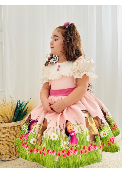 Pembe Maşa Vintage Kız Bebek Elbise,doğum Günü Elbise,fotoğraf Çekim Elbise,0-10 Yaş Uygun fırsatları
