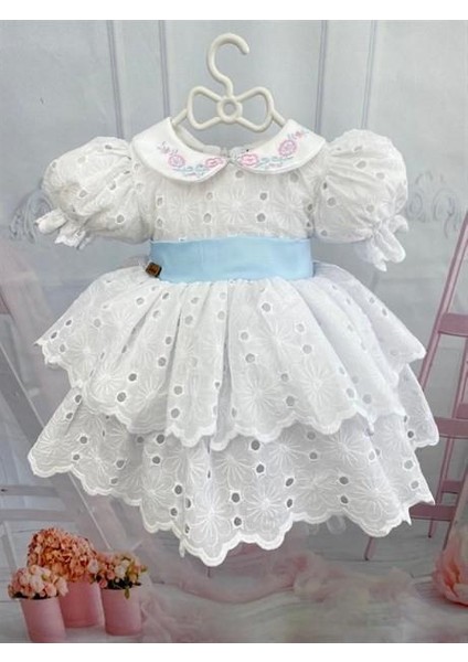 Beyaz Mavi Kemerli Vintage Elbise, Özel Dikim Çocuk Elbisesi, Doğum Günü Elbisesi,0-10 Yaşa Uygun modelleri