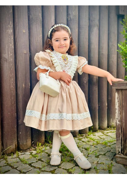 Kapiçino Dantelli Vintage Kız Bebek Elbisesi,doğum Günü,fotoğraf Çekim Elbise,0-12 Yaş Uygun
