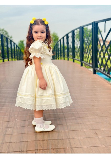 Sarı Kurdaleli Vintage Kız Bebek Elbise,Doğum günü elbise,fotoğraf çekim elbise,0-12 Yaş Uygun