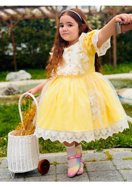 Sarı Ayıcıklı Kız Bebek Elbisesi,doğum Günü Elbisesi, Fotoğraf Çekim Elbisesi,0-10 Yaşa Uygun