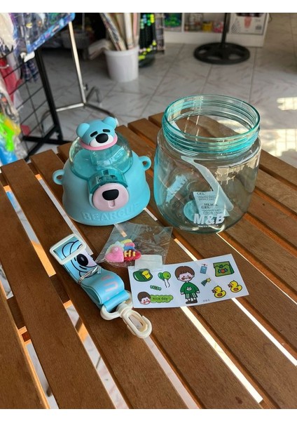 Askılı Ayıcıklı Matara, 1lt Çocuk Suluk, Sticker Hediyeli, Okul Için Boyun Askılı Suluk Bpa Içermez