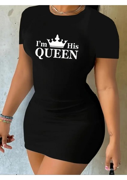 Gu Moda Kadın Kısa Kollu Queen Baskı Iki Iplik Mini Elbise