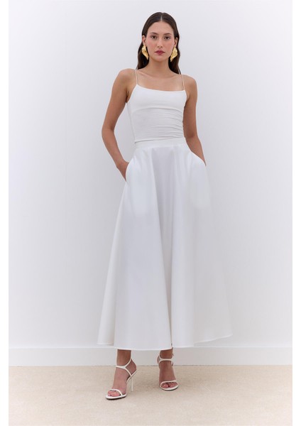 Saten Kloş Abiye Etek Ekru