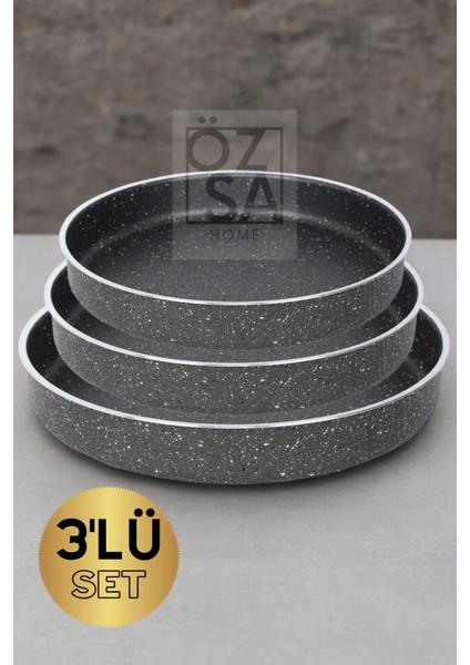 32 x 32 3'lü Granit Fırın Tepsi Seti Yuvarlak Fırın Tepsi Set 28-30-32CM Granit Gri 3