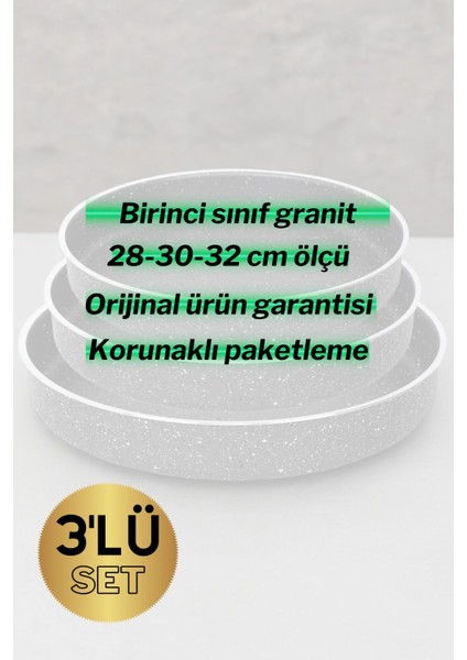 32 x 32 3'lü Granit Fırın Tepsi Seti Yuvarlak Fırın Tepsi Set 28-30-32CM Granit Gri 3