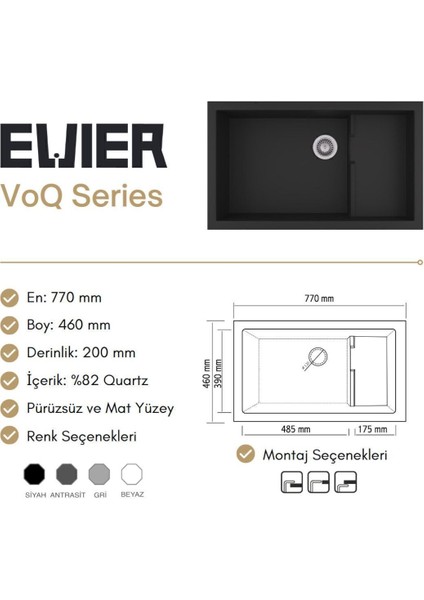 Köşeli Granit Evye Voq Series Black (Siyah) 2 Yıl Granit 1