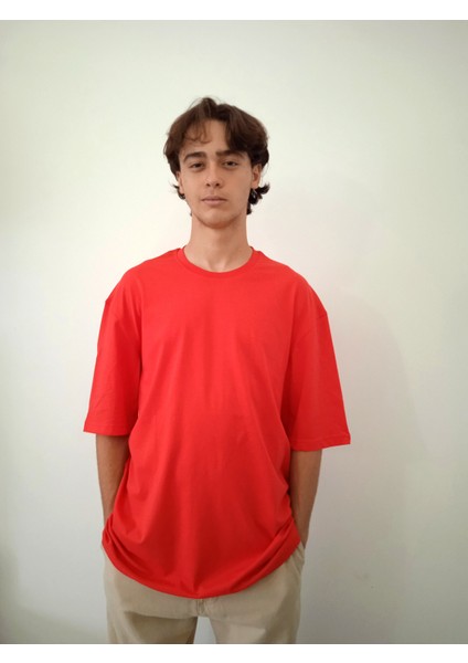 Erkek Pamuklu Nefes Alan Yumuşacık Oversize Basic Kırmızı Tshirt