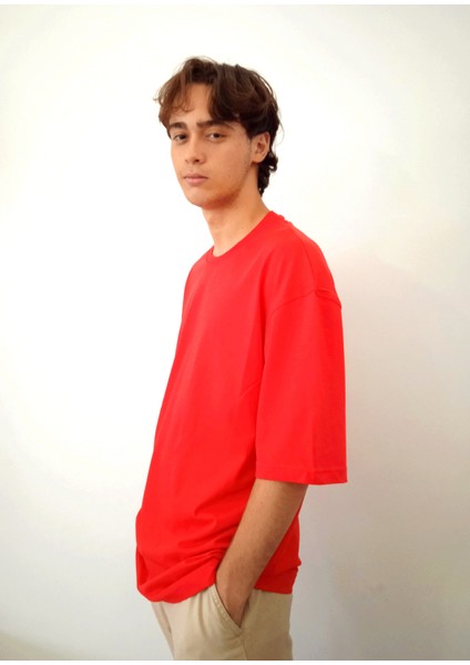 Erkek Pamuklu Nefes Alan Yumuşacık Oversize Basic Kırmızı Tshirt fiyatları