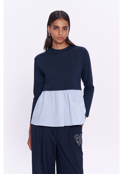 Match Detaylı Uzun Kol Çizgili Sweatshirt Lacivert