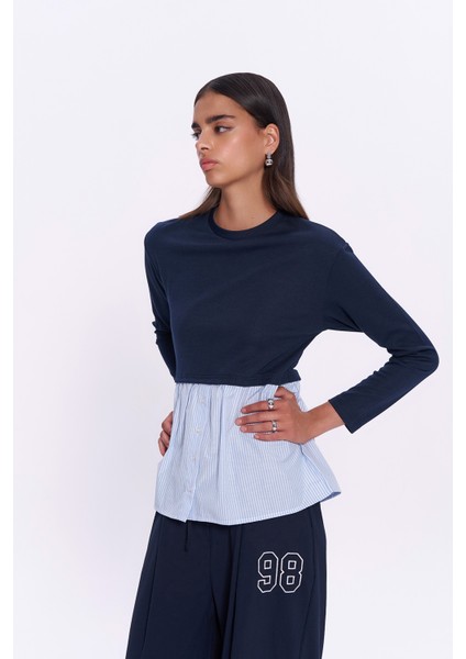 Match Detaylı Uzun Kol Çizgili Sweatshirt Lacivert modelleri