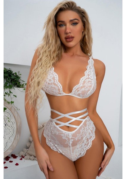 BscitirStore Beyaz Dantelli Babydoll Takım - Transparan Tül Iç Çamaşır Seti