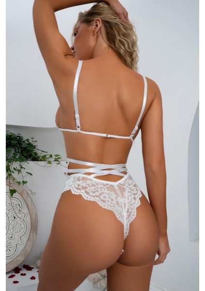BscitirStore Beyaz Dantelli Babydoll Takım - Transparan Tül Iç Çamaşır Seti fırsatları