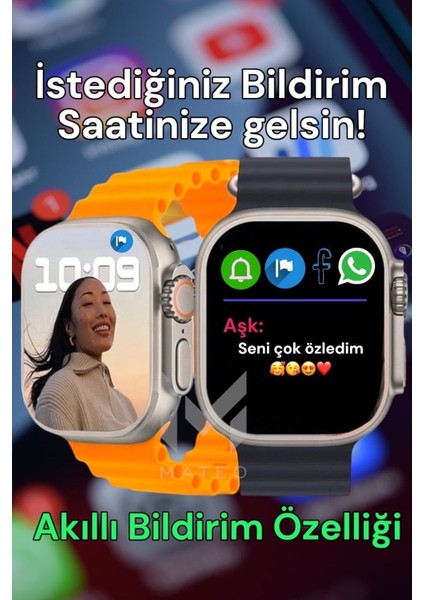 Ithalatçı Garantili Akıllı Saat Watch 8 Ultra 45MM 1.99 Inç Türkçe Tüm Telefonlara Uyumlu Gümüş Kas