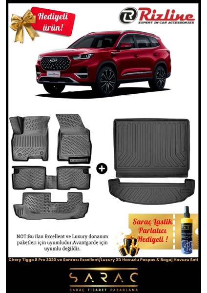 Chery Tiggo 8 Pro 2020 Sonrası Excel/lux 3D Havuzlu Paspas & Bagaj Havuzu Seti (Hediyeli!)