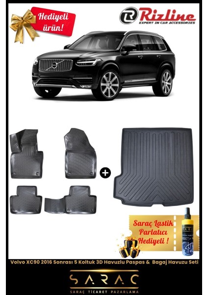 Volvo XC90 2016 Sonrası 5 Koltuk 3D Havuzlu Paspas & Bagaj Havuzu Seti (Hediyeli!)