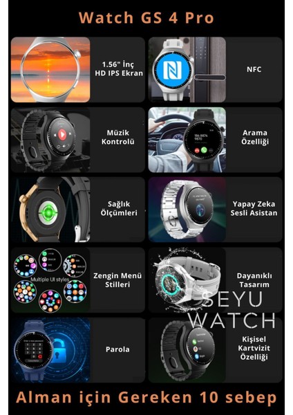 Siyah Watch Gs 4 Pro Akıllı Saat Iphone ve Android Tüm Telefonlara Uyumlu Nfc&arama Gümüş Smartwatc