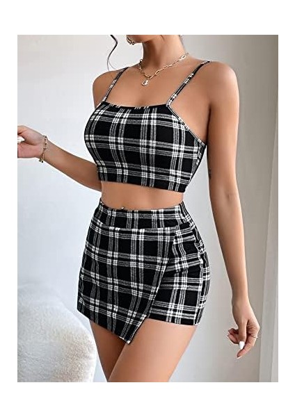 Kadın Ekose Desen Crop Şort Etek Takım
