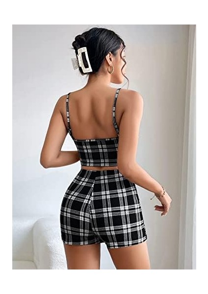 Kadın Ekose Desen Crop Şort Etek Takım