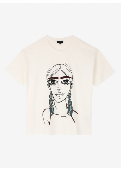 Bisiklet Yaka Nakışlı Kırık Beyaz Kadın T-Shirt F4WL-TST0356