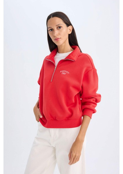 Regular Fit Yarım Fermuarlı Dik Yaka Baskılı Kalın Kırmızı Sweatshirt D5299AX24AU