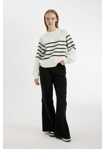 Coool Oversize Geniş Kalıp Bisiklet Yaka Çizgili Kalın Sweatshirt C8193AX24WN