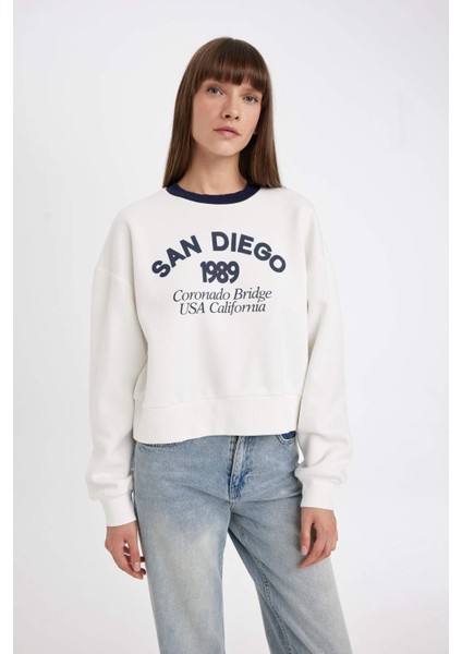 Boxy Fit Bisiklet Yaka Baskılı Kalın Sweatshirt D8723AX24WN fırsatları