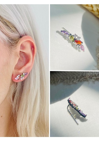 Tekli Pirinç ve Zirkon Taşlı Küpe Kadın Gümüş