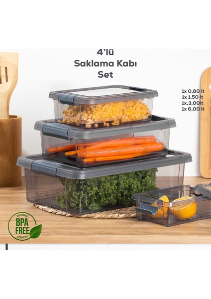 466 4'lü Çok Amaçlı Dikdörtgen Sızdırmaz Kapaklı Gıda Erzak Saklama Kabı Seti Gri