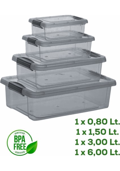 466 4'lü Çok Amaçlı Dikdörtgen Sızdırmaz Kapaklı Gıda Erzak Saklama Kabı Seti Gri fiyatları