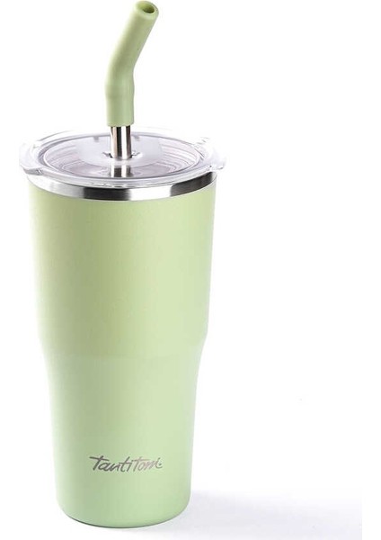 024-01-YEŞİL 2 Kapaklı Çift Katmanlı Pipetli Termos Bardak 530ML