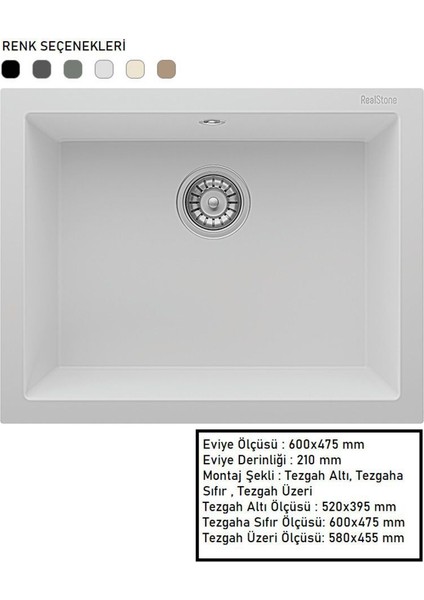 1 K012 Gordion Series Beyaz Granit Mutfak Evyesi (Sifon Dahil) 20-25 cm Köşeli Granit 60 - 75 cm 2 fiyatları