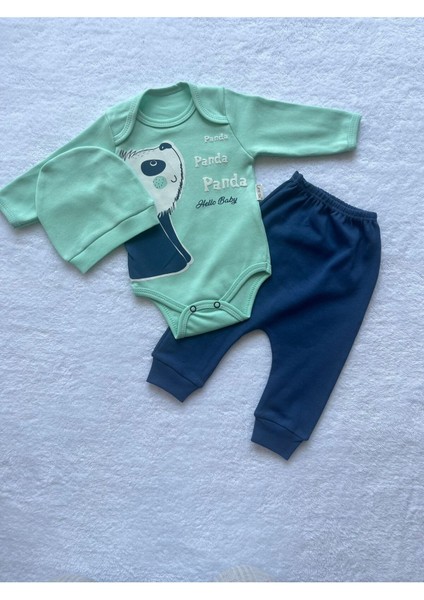 Sevimli Panda Desenli Şapkalı Unisex Bebek 3'lü Body Takım