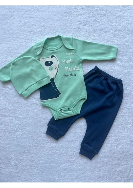Sevimli Panda Desenli Şapkalı Unisex Bebek 3'lü Body Takım fırsatları