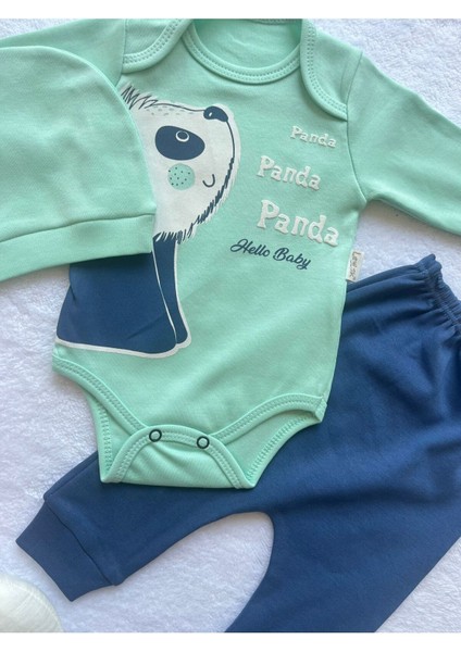 Sevimli Panda Desenli Şapkalı Unisex Bebek 3'lü Body Takım indirimleri