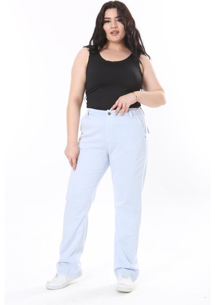 Kadın Büyük Beden Mavi Likralı Gabardin Kumaş Arka Beli Lastikli Pantolon 65N38100 modelleri
