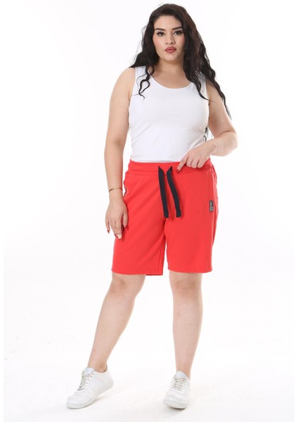 Kadın Büyük Beden Kırmızı Beli Lastik Ve Bağcıklı Baskı Ve Cep Detaylı Şort 65N38129