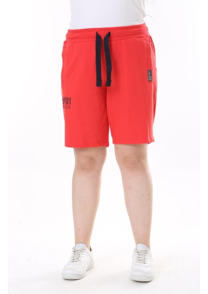 Kadın Büyük Beden Kırmızı Beli Lastik Ve Bağcıklı Baskı Ve Cep Detaylı Şort 65N38129