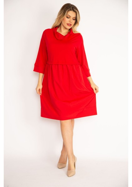 Kadın Kırmızı Dik Yakalı Etek Kısmı Yaka ve Kol Ağzı Sıvama Kumaş Elbise 65N35038