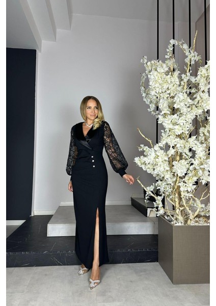 G1097 Dantel Kollu Maksi Abiye Elbise Siyah