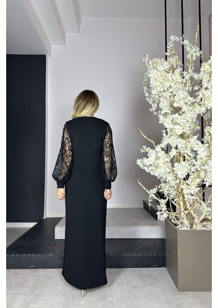 G1097 Dantel Kollu Maksi Abiye Elbise Siyah modelleri