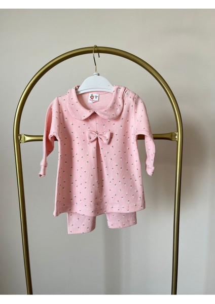 Kız Bebek Takım - %100 Pamuk, Fiyonk ve Çiçek Desenli, 0-3 Ay / 3-6 Ay Bebek Kıyafeti