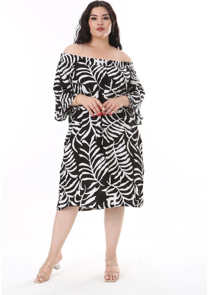 Kadın Büyük Beden Siyah Dokuma Viskon Kumaş Yakası Lastikli Kısa Kollu Elbise 65N38173