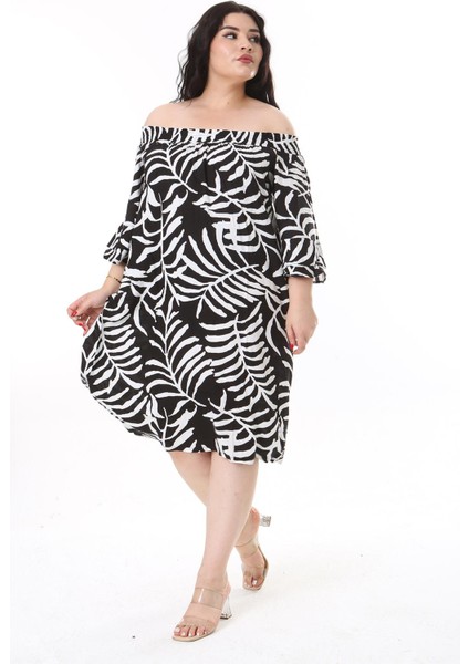 Kadın Büyük Beden Siyah Dokuma Viskon Kumaş Yakası Lastikli Kısa Kollu Elbise 65N38173 fiyatları